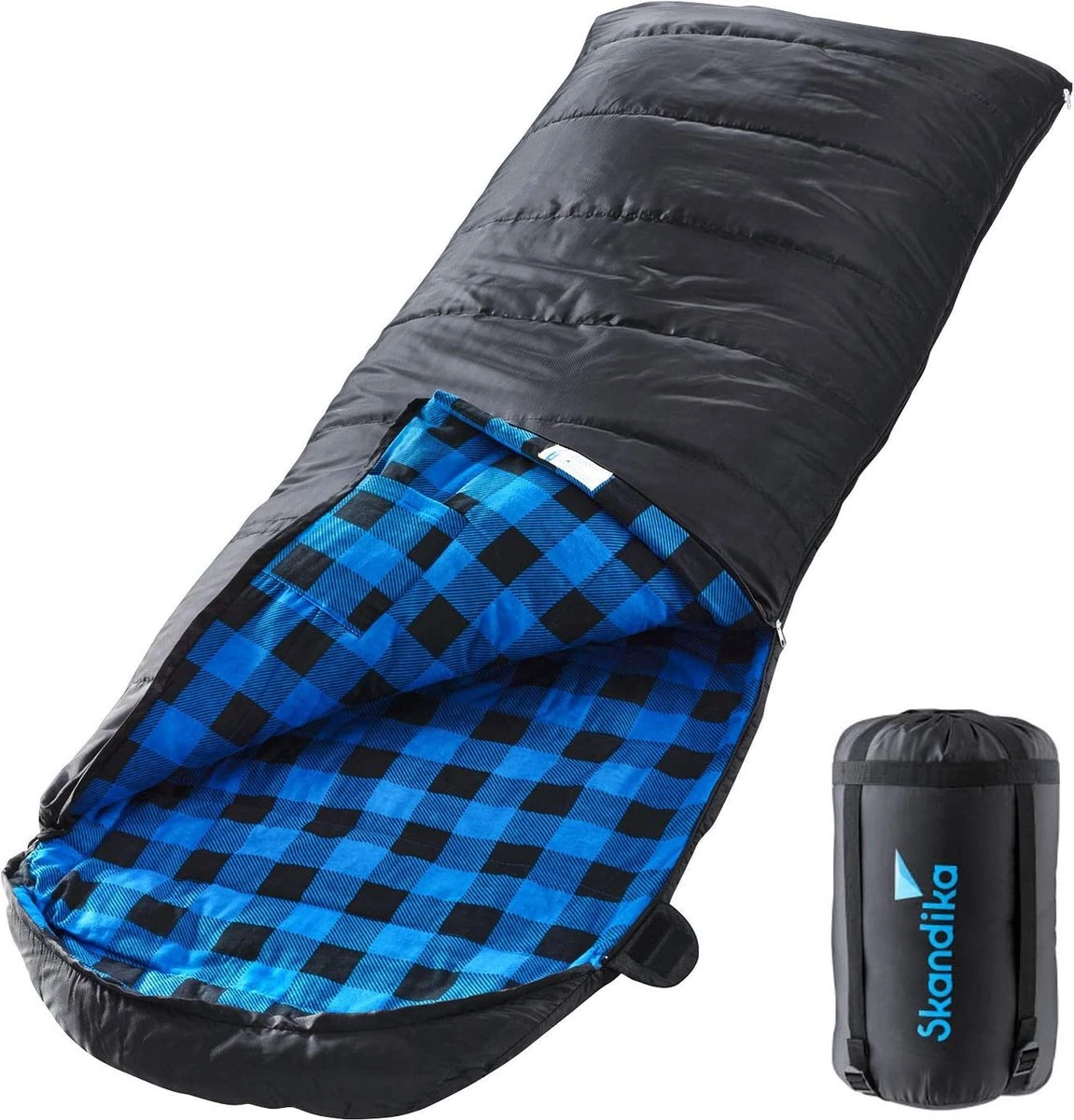 Skandika Dundee Flannel-L Slaapzak – Mummmieslaapzakken – Slaapzakken Volwassen - Maat M – Unisex - Katoen, Luxe Kwaliteit, Dubbele Slaapzak, 3 Seizoenen, Tot -20°C - 220 X 80 Cm - Outdoor Kampeerslaapzak – Ritssluiting Links - Zwart/blauw