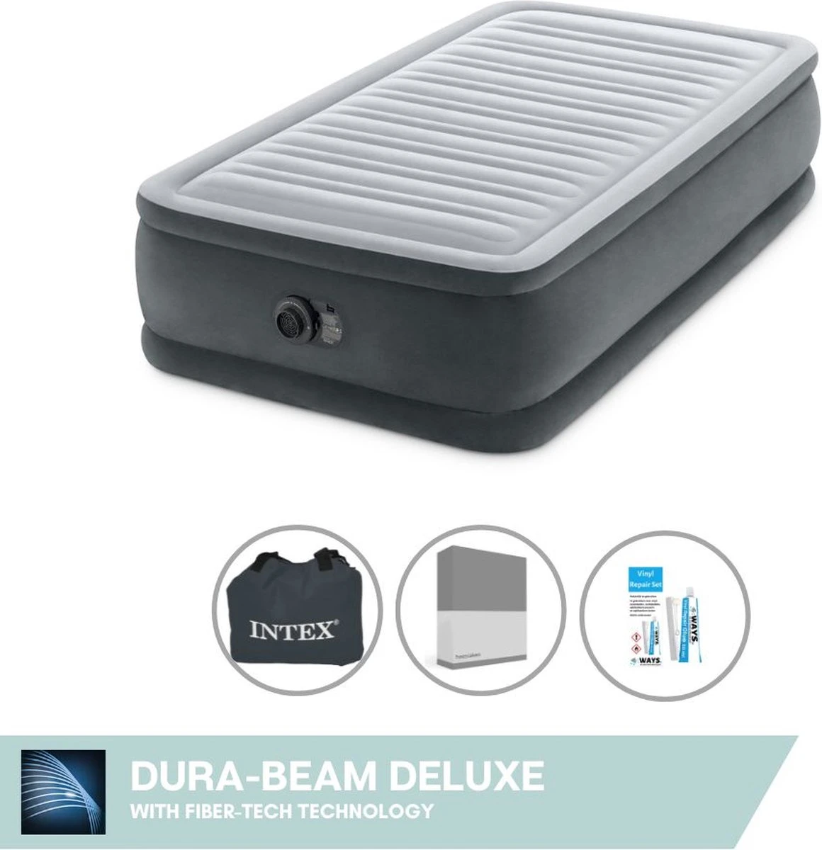 Intex Luchtbed - 1-Persoons - 99 X 191 X 46 Cm - Grijs - Met Ingebouwde Pomp, Hoeslaken Antraciet En Reparatieset