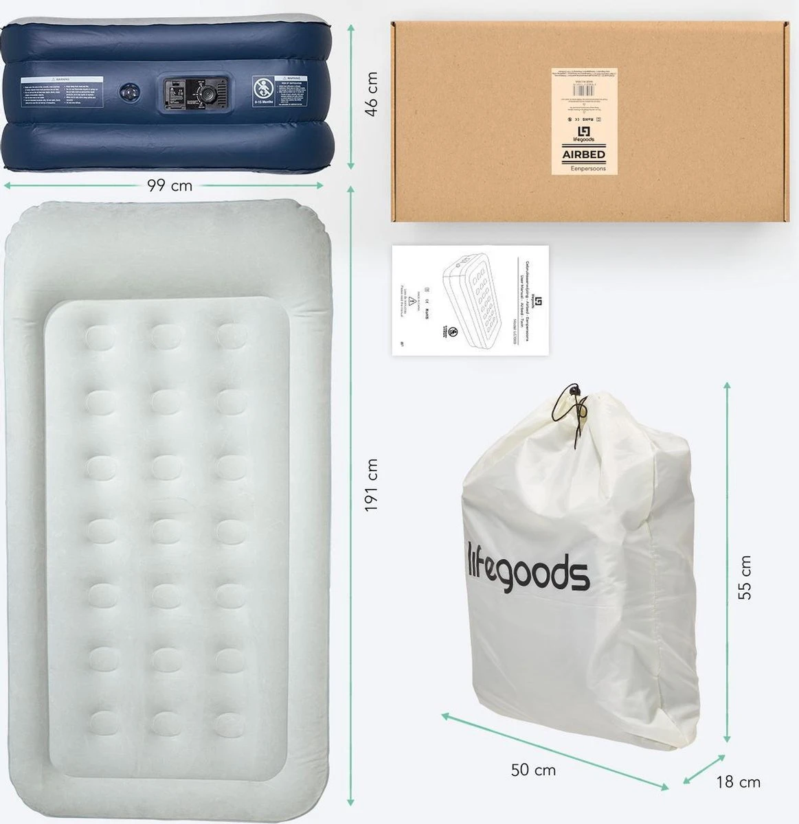 LifeGoods Luchtbed - 1 Persoons - Met Ingebouwde Pomp - Incl. Draagtas En Reparatiekit - Afbeelding 6