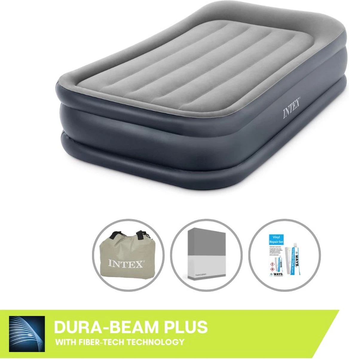 Intex Luchtbed - 1-Persoons - 99 X 191 X 42 Cm - Grijs - Met Pomp, Hoeslaken Antraciet En Reparatieset