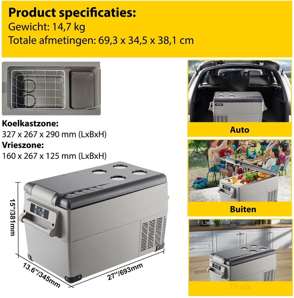 Vevor Auto Koelbox - Mini Koelkast Vriezer - Draagbare Vriezer/Koelkast - Elektrische Koelbox - Mini Vriezer - Auto Koelkast - 35 Liter - Tot -20˚C - 12V/240V - Grijs - Afbeelding 2