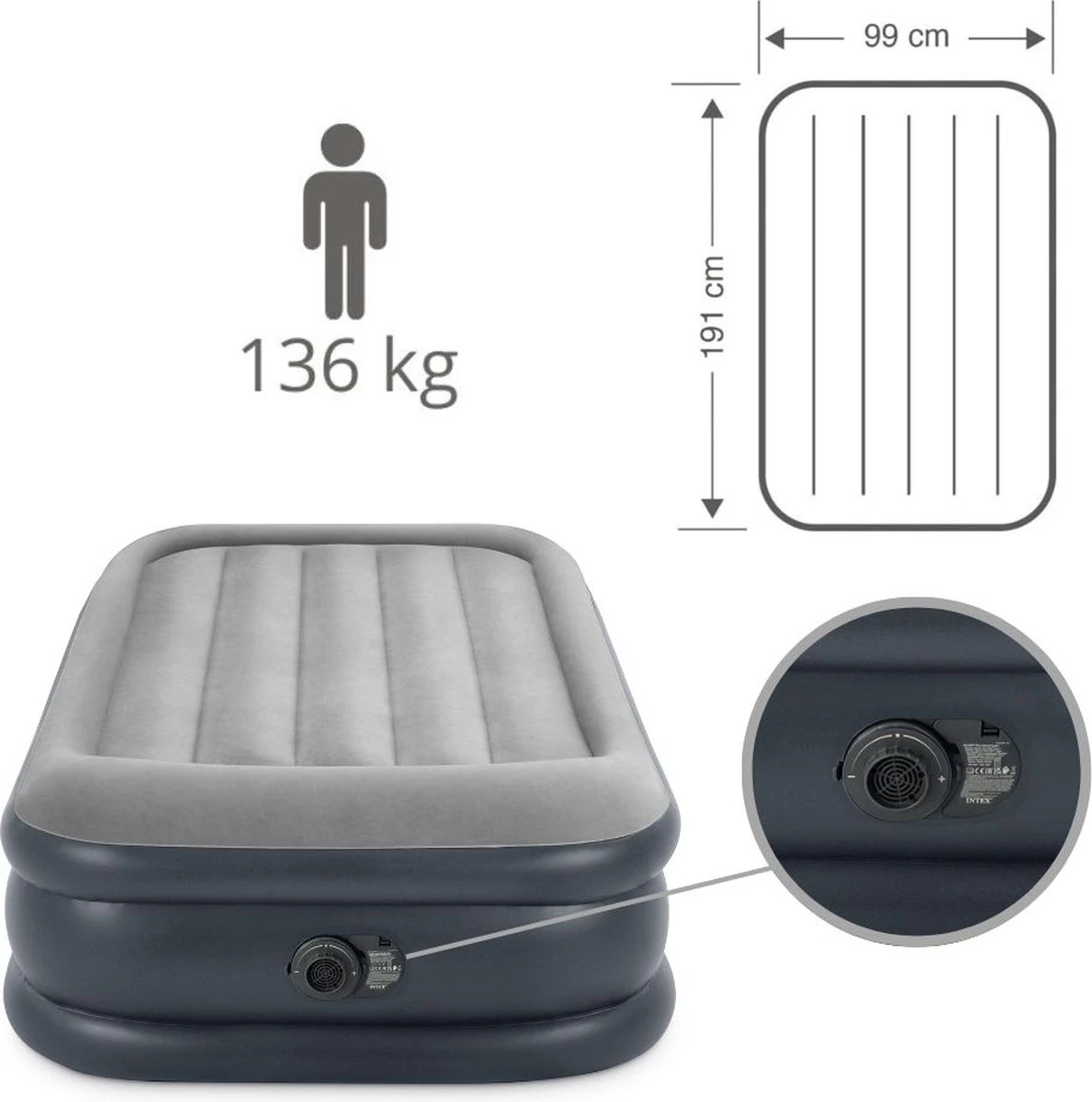 Intex Luchtbed - 1-Persoons - 99 X 191 X 42 Cm - Grijs - Met Pomp, Hoeslaken Antraciet En Reparatieset - Afbeelding 2