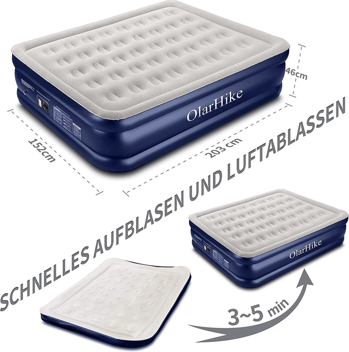 OlarHike Queen Size Luchtmatras Met Geïntegreerde Elektrische Pomp, Zelfopblazend Luchtbed, Voor 2 Personen, Premium Gastenbed, Opblaasbaar Matras Voor Camping Of Thuisgebruik, 203 X 152 X 46 Cm - Afbeelding 3