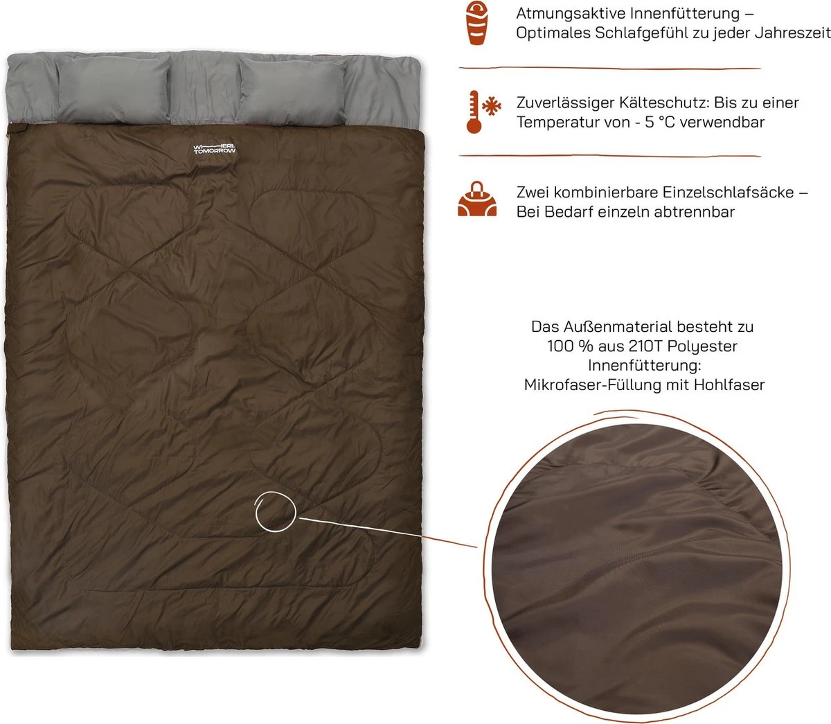 Where Tomorrow Double Slaapzak 220 X 150 Cm Diverse Kleuren - Bruin - Afbeelding 2