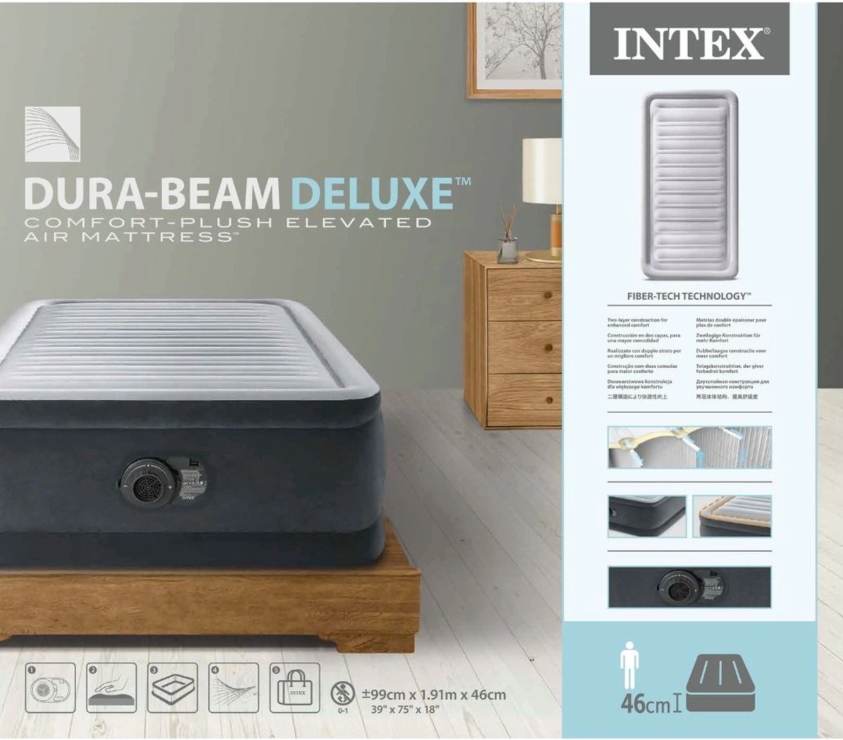 Intex Luchtbed - 1-Persoons - 99 X 191 X 46 Cm - Grijs - Met Ingebouwde Pomp, Hoeslaken Antraciet En Reparatieset - Afbeelding 3