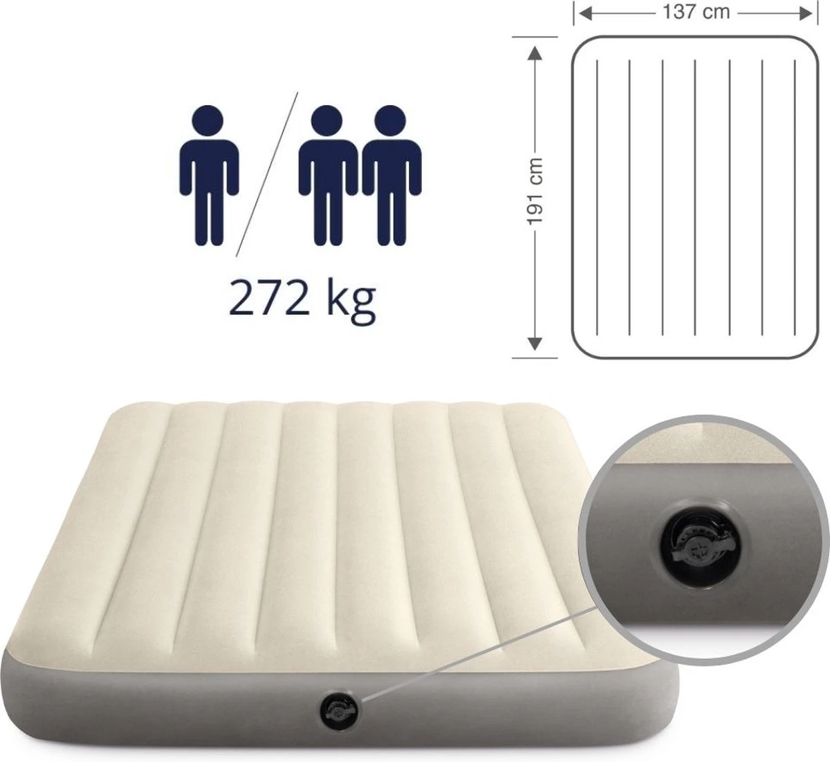 Intex Luchtbedset Intex Luchtbed - Twijfelaar - 137 X 191 X 25 Cm - Beige + Intex Elektrische Pomp - 650 Liter/min + Hoeslaken Zwart + Reparatieset - Afbeelding 5