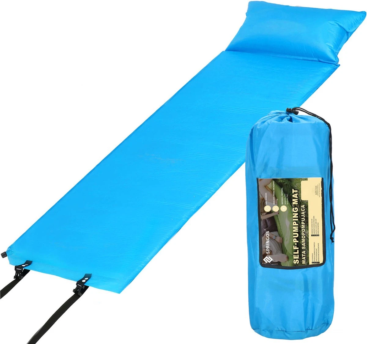 Springos Slaapmat | Zelfopblazend | 186 Cm | Inclusief Hoes & Hoofdkussen | Lichtblauw