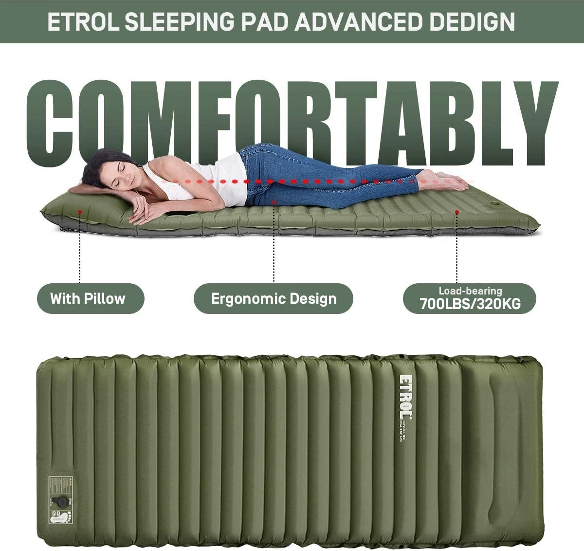 ETROL Camping Slaapmat-2-in-1 Zelfopblazende Kampeermat Met Kussen (78"x 28"), Lichtgewicht, Dik 4"compact Kussen, Geschikt Voor Zelfrijdende Reizen, Lekvrije, Waterdichte Tent - Afbeelding 3