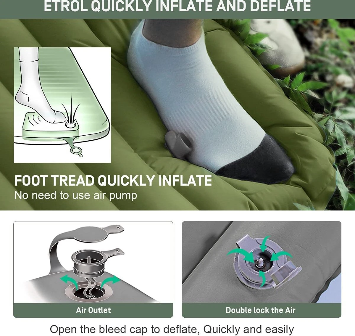 ETROL Camping Slaapmat-2-in-1 Zelfopblazende Kampeermat Met Kussen (78"x 28"), Lichtgewicht, Dik 4"compact Kussen, Geschikt Voor Zelfrijdende Reizen, Lekvrije, Waterdichte Tent - Afbeelding 6