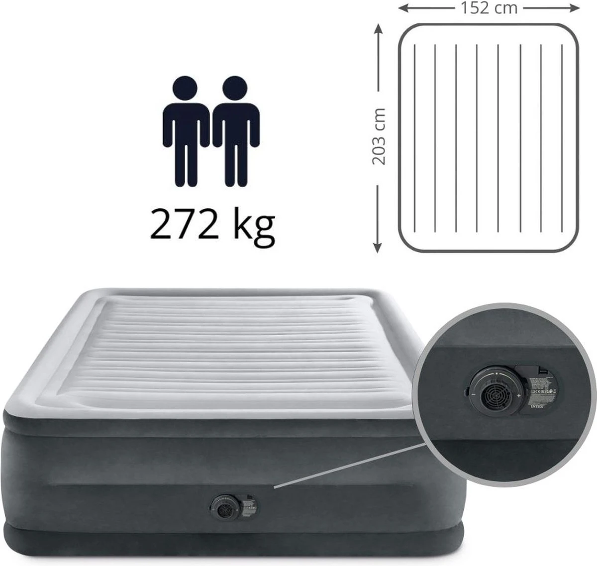 Intex Luchtbed - 2-Persoons - 152 X 203 X 33 Cm - Grijs - Met Ingebouwde Pomp, Hoeslaken Antraciet En Reparatieset - Afbeelding 4