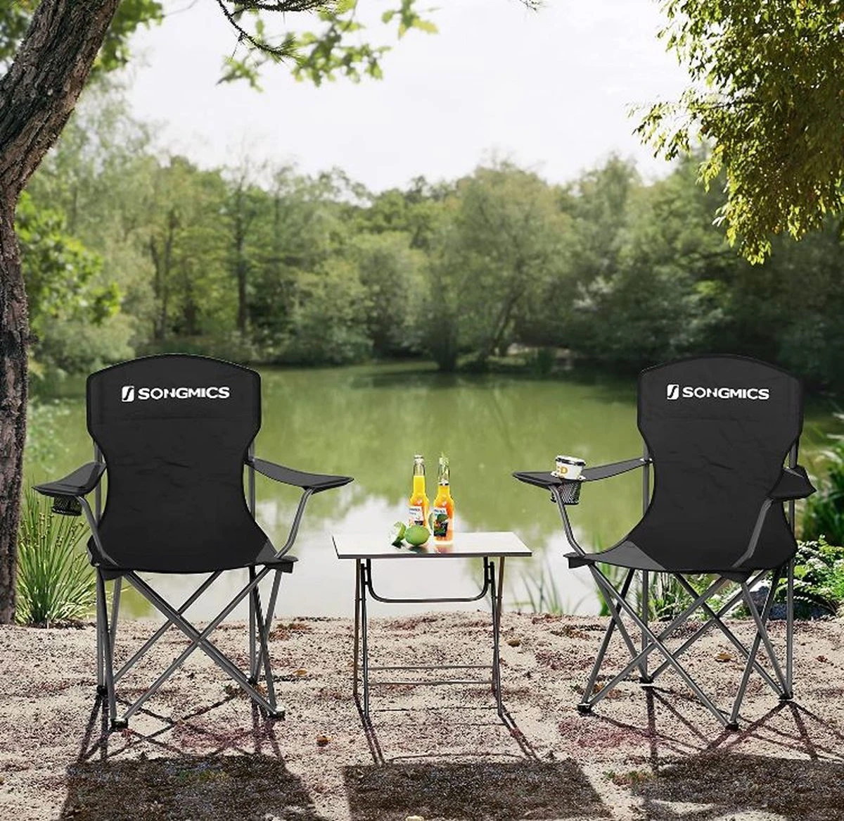 MIRA Home - Campingstoel Set Van 2 Inklapbaar - Klapstoel Met Robuust Frame - Met Flessenhouder - 76 X 51.5 X 95.5 Cm - Zwart - Afbeelding 4