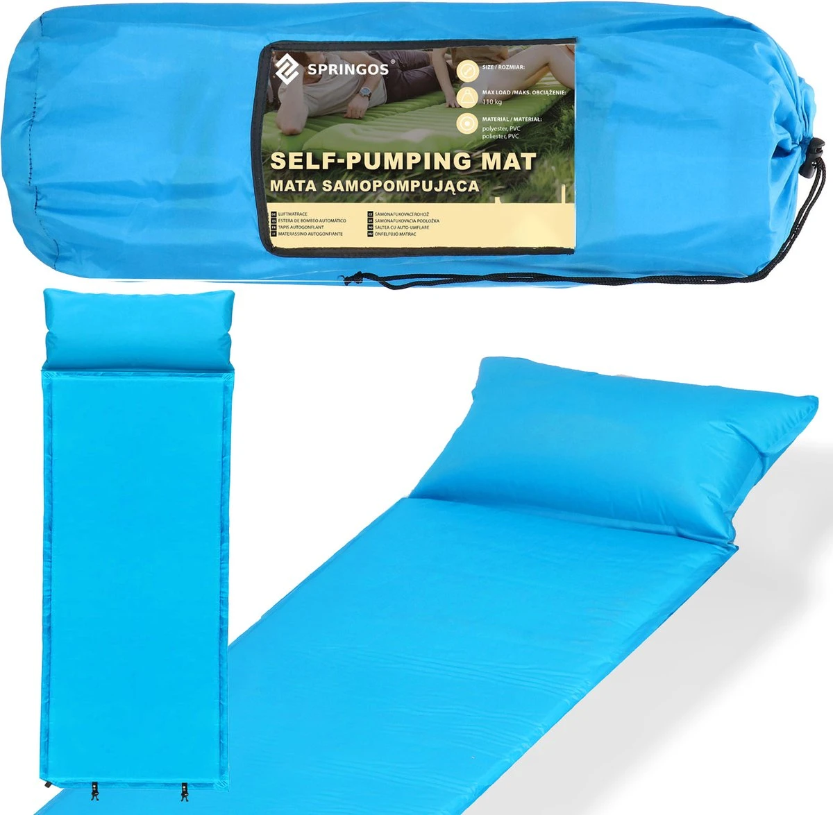 Springos Slaapmat | Zelfopblazend | 186 Cm | Inclusief Hoes & Hoofdkussen | Lichtblauw - Afbeelding 18
