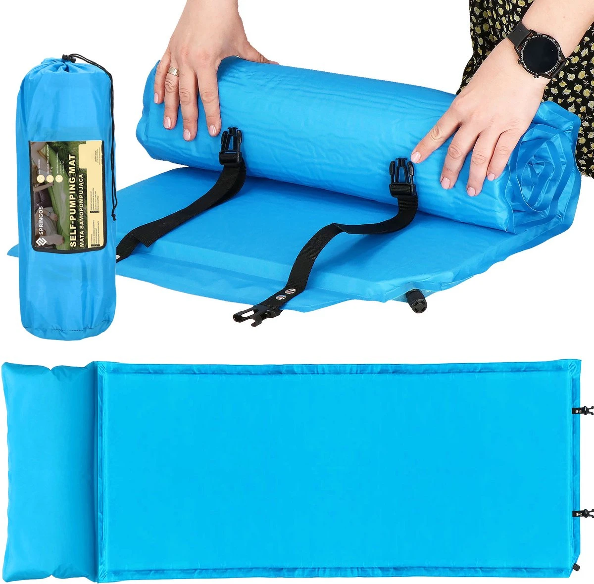 Springos Slaapmat | Zelfopblazend | 186 Cm | Inclusief Hoes & Hoofdkussen | Lichtblauw - Afbeelding 16