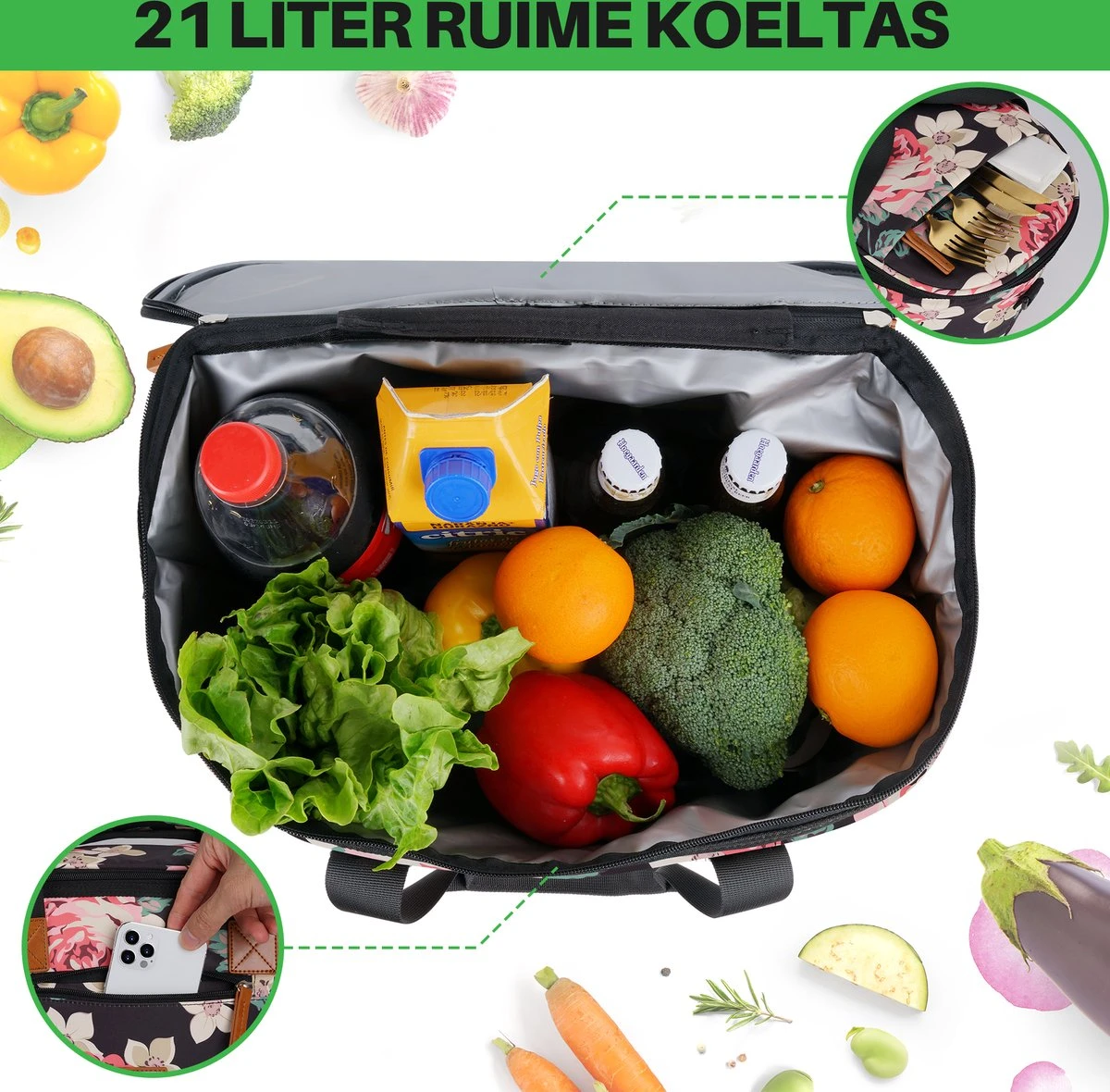 Brisby 4 Laags Geïsoleerde Koeltas - Boodschappentas 21 Liter - Bloemetjes - Afbeelding 3