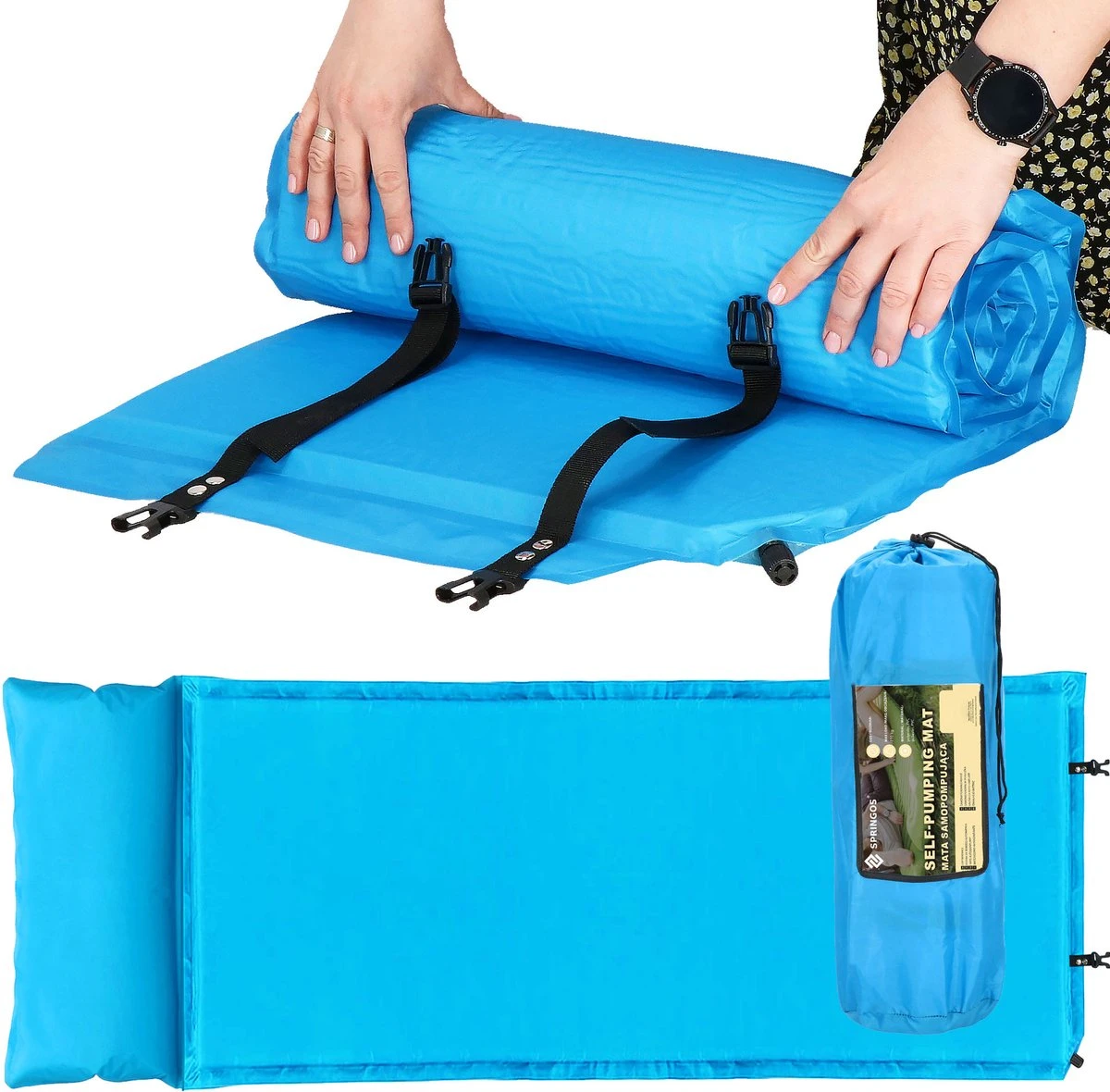 Springos Slaapmat | Zelfopblazend | 186 Cm | Inclusief Hoes & Hoofdkussen | Lichtblauw - Afbeelding 19