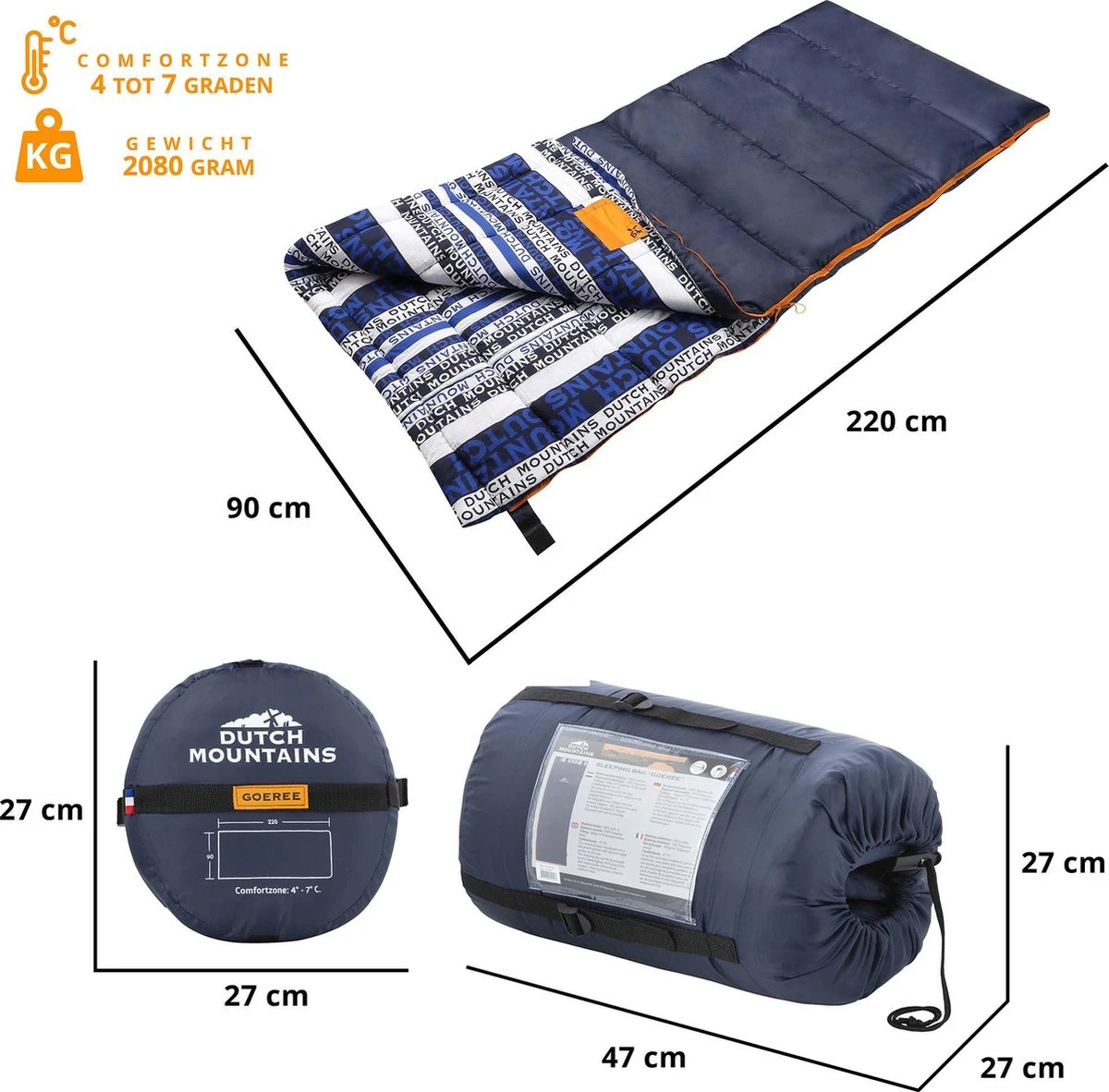 Dutch Mountains Slaapzak Goeree XL - Extra Groot 220x90cm - Katoenen Binnenkant - Aanritsbaar - Tochtstrip En Compressiehoes - Afbeelding 5