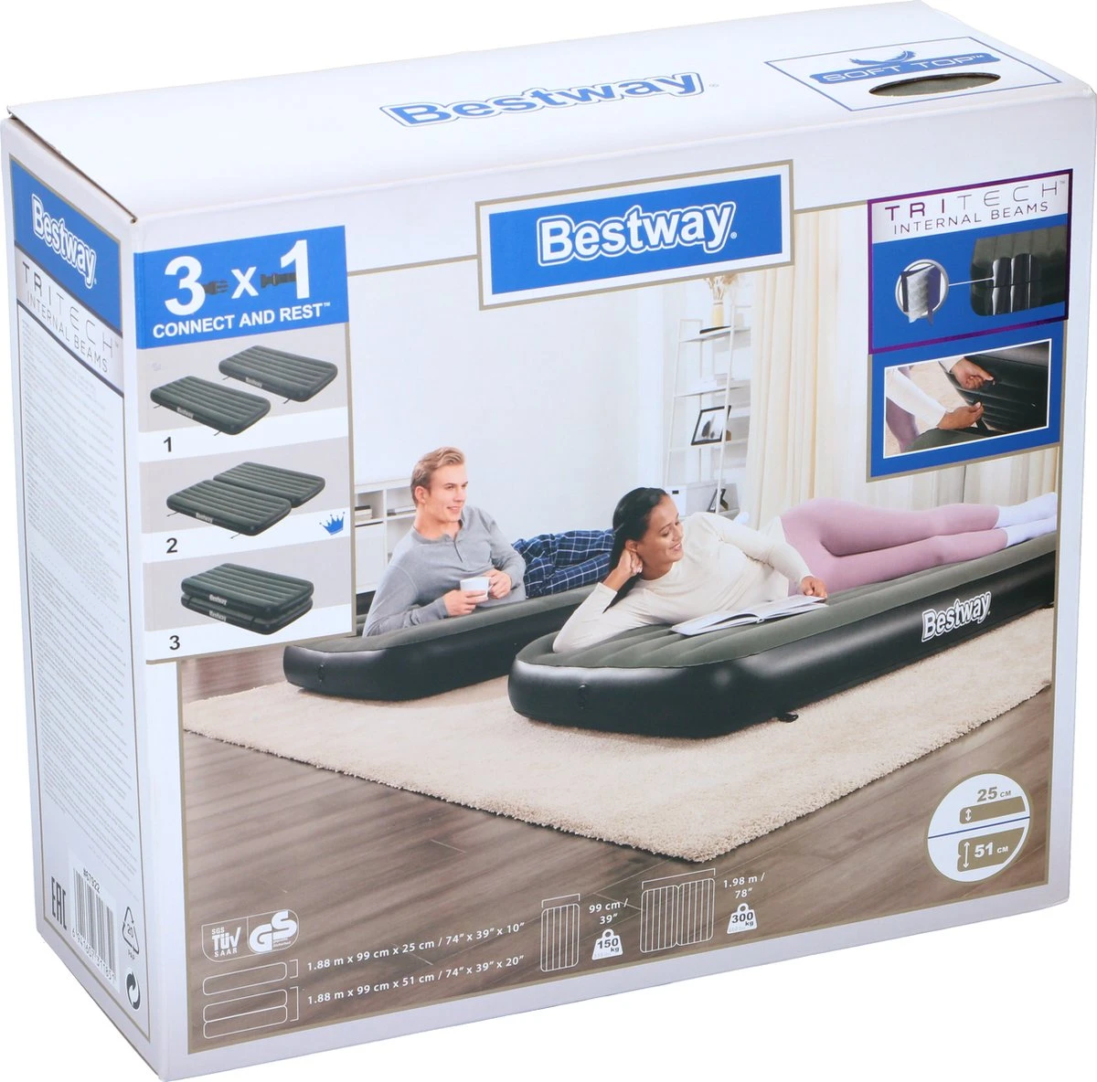 Bestway 3-in-1 Luchtbed - Connect - Zwart - 188x99cm - PVC/Polyester - Single, Double Single En Twin Opblaasbed - Tritech Materiaal - I-Beam Constructie - Afbeelding 11