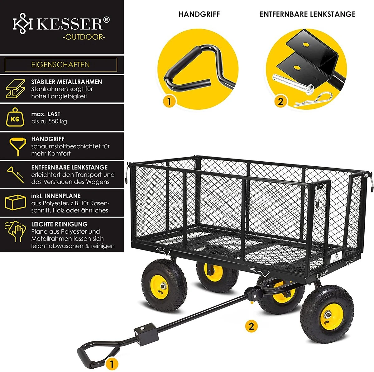 Exxen KESSER® Bolderkar, 550 Kg Belastbaar, Tuinwagen, Transportwagen, Tuinwagen, Uitneembaar Zeil, Gereedschapswagen, Handwagen, Veelzijdig Inzetbaar, Zwart - Afbeelding 4