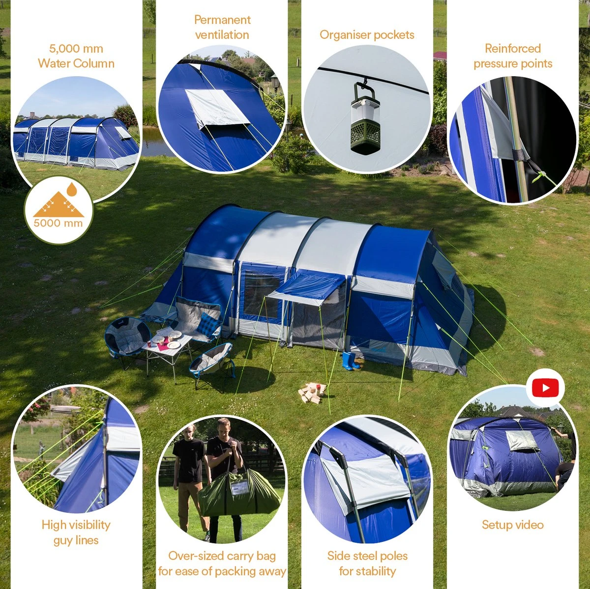 Skandika Montana 8 Sleeper Tent – Tunneltent – 8 Persoons Familietent - Campingtent – Sleeper Technology (2 Tot 4 Extra Donkere Slaapcabines) – Ingenaaide Tentvloer - Muggengaas – 700 X 310 X 200 Cm (LxBxH) – 5000mm Waterkolom – Kamperen – Blauw/wit - Afbeelding 3