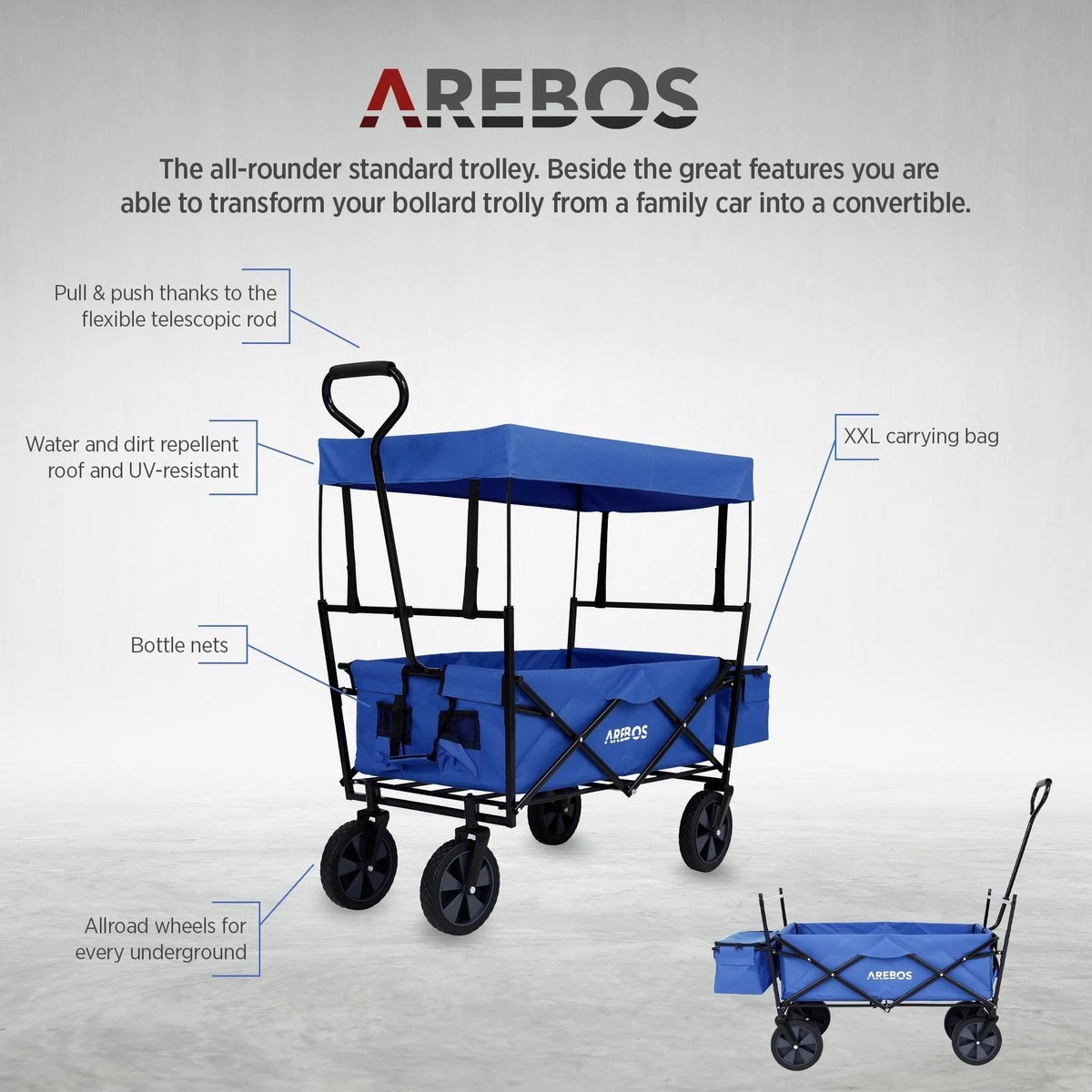 AREBOS Handwagen Vouwbare Dak Handwagen Vouwbare Trolley Uitrustingswagen Blauw - Afbeelding 8