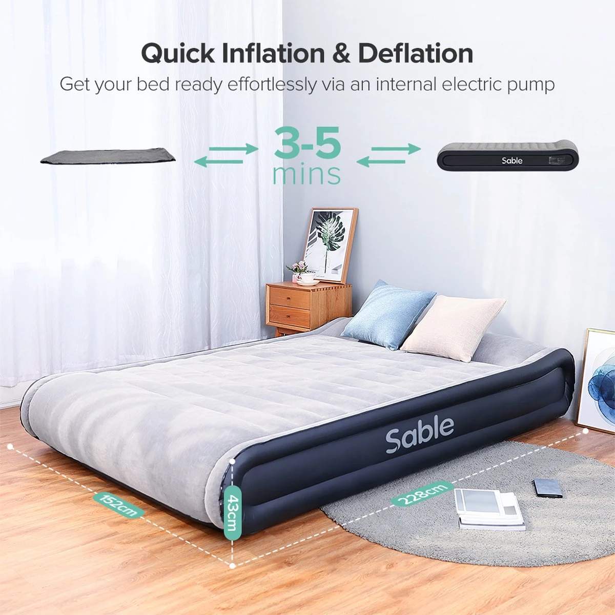 Sable Luxe Queen Size 2 Persoons Luchtmatras Met Ingebouwd Kussen, Opblaasbaar Luchtbed Met Ingebouwde Elektrische Pomp Voor Kamperen, Reizen Of Overnachtende Gasten Of Festival - Afbeelding 5