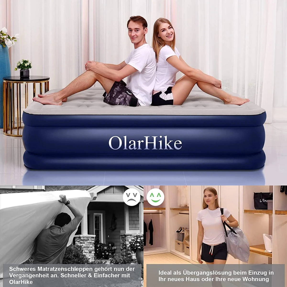 OlarHike Queen Size Luchtmatras Met Geïntegreerde Elektrische Pomp, Zelfopblazend Luchtbed, Voor 2 Personen, Premium Gastenbed, Opblaasbaar Matras Voor Camping Of Thuisgebruik, 203 X 152 X 46 Cm - Afbeelding 5