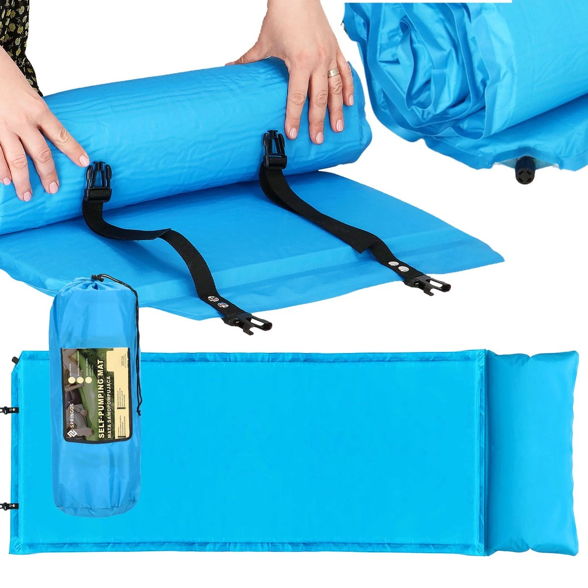 Springos Slaapmat | Zelfopblazend | 186 Cm | Inclusief Hoes & Hoofdkussen | Lichtblauw - Afbeelding 7