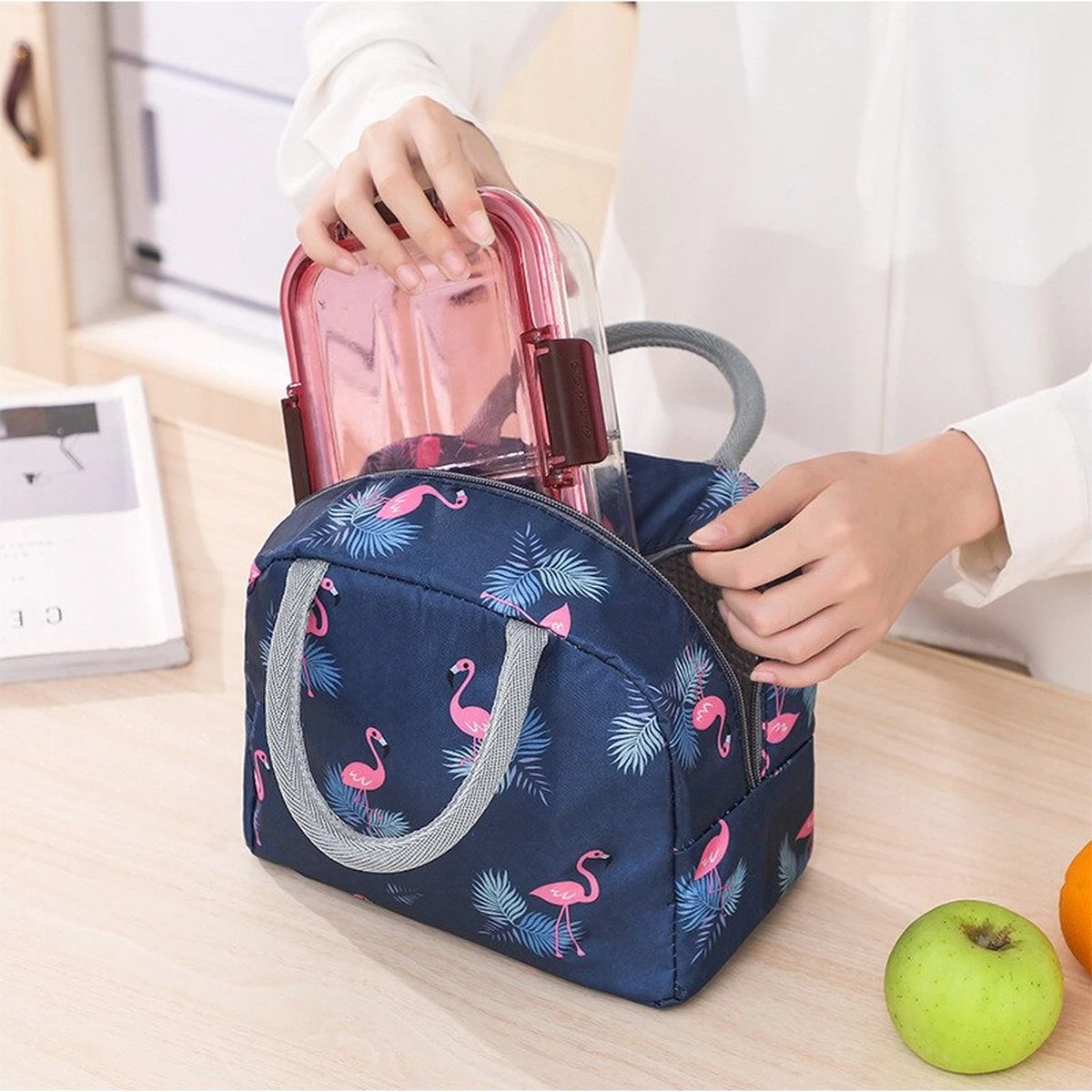 Koeltas - Lunchtas - Volwassenen En Kinderen - Compact & Handig: Zomer - Picknick -School - Lunch - Werk - Blauw Flamingo - Afbeelding 2