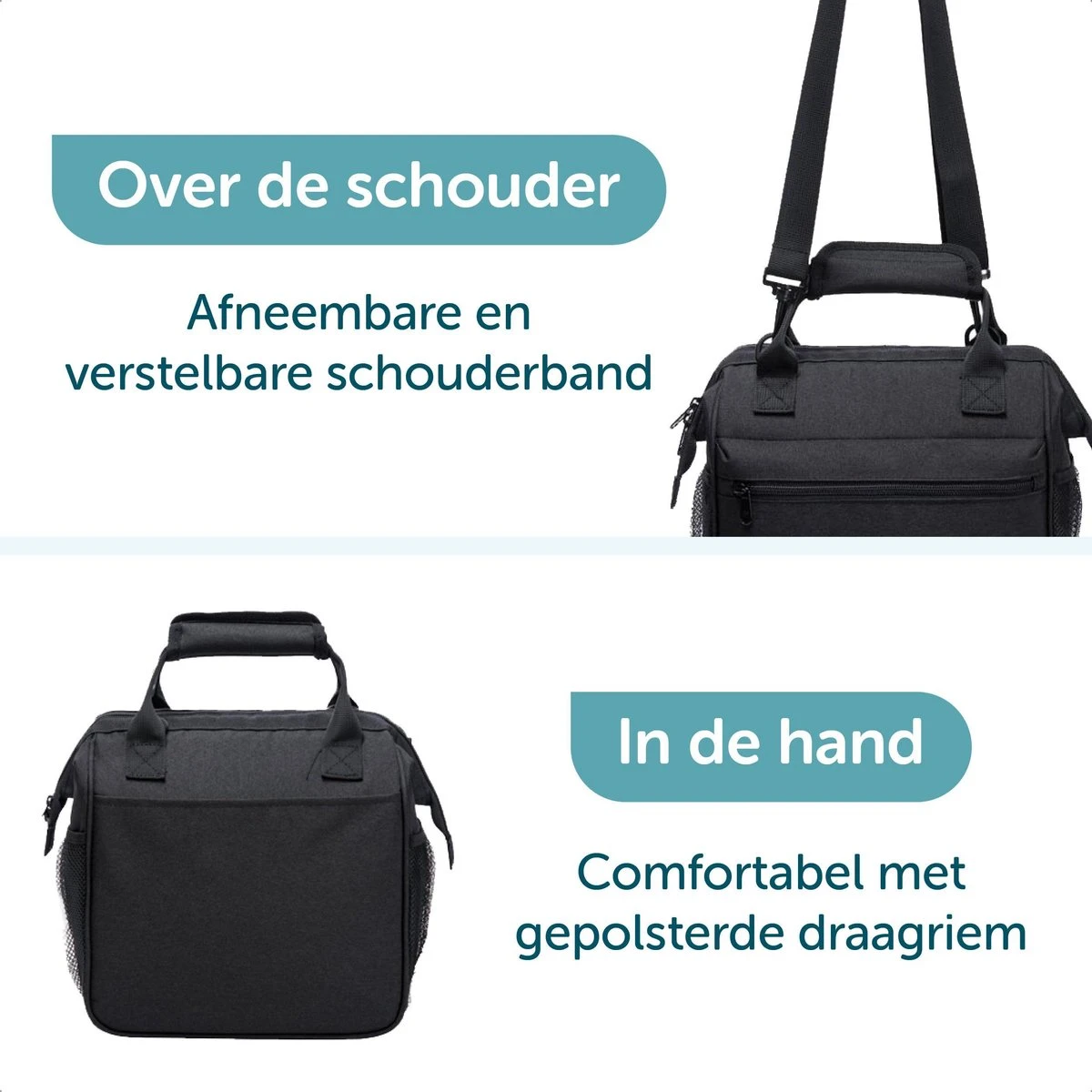 ForDig Lunchtas Zwart - Koeltas Gemaakt Van 600D Polyester Met PEVA-Voering - Ruimte Voor Lunchtrommel / Snacks / Blikjes - Koel Tas Met Mesh Opbergruimtes En Ruimte Voor Bestek - Lunch Tas Cool Bag - Coolerbag - Kleine Cooler - Afbeelding 3