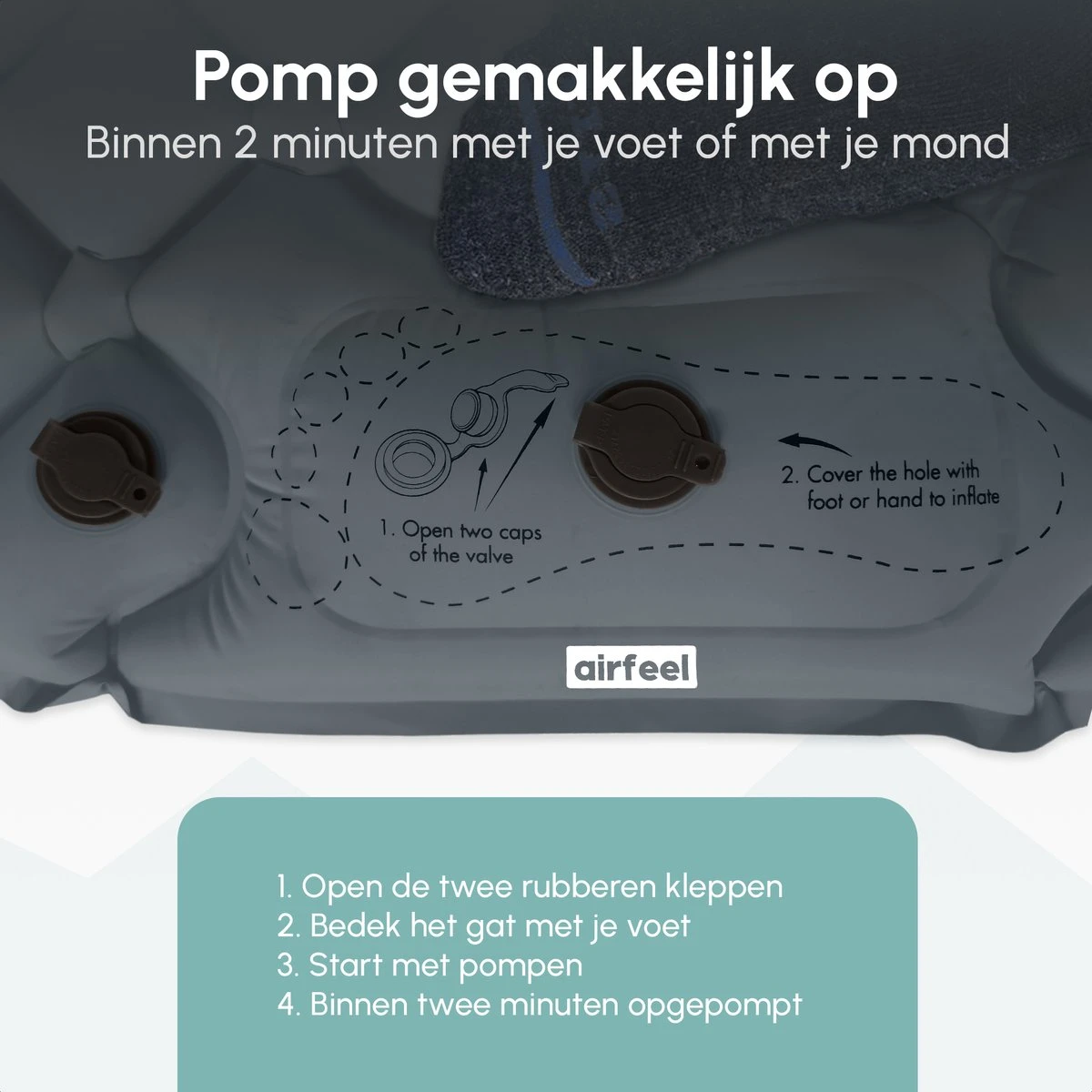 AirFeel Opblaasbaar Slaapmatje - Ingebouwde Pomp En Kussen - Lichtgewicht - 196 X 60 X 6cm - Gray - Afbeelding 4