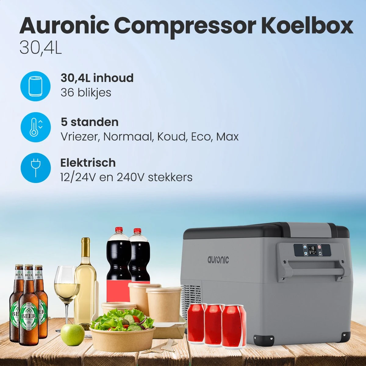 Auronic Elektrische Koelbox - 30.4L - Compressor - 12V En 240V - Grijs - Afbeelding 2
