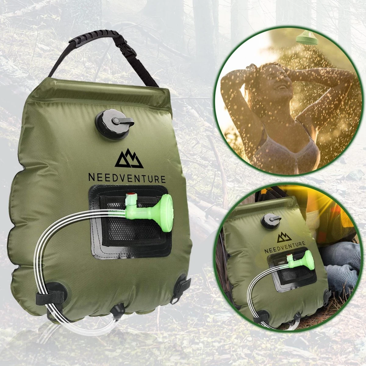Needventure Solar Douche - Camping Douchezak - Buiten Douche - Tuindouche - Inclusief Thermometer - Waterzak Met Douchekop - 20L - Groen - Afbeelding 7