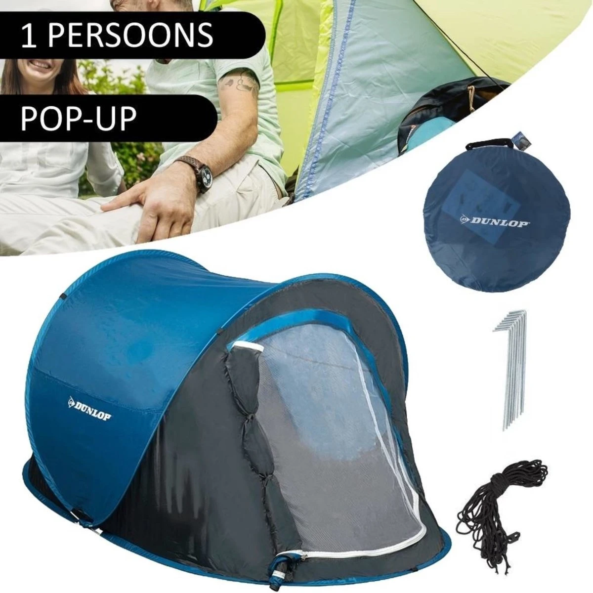 Dunlop Pop Up Tent 220 X 120 X 90 Cm - Grijs/ Blauw - 1 Persoons - Afbeelding 7