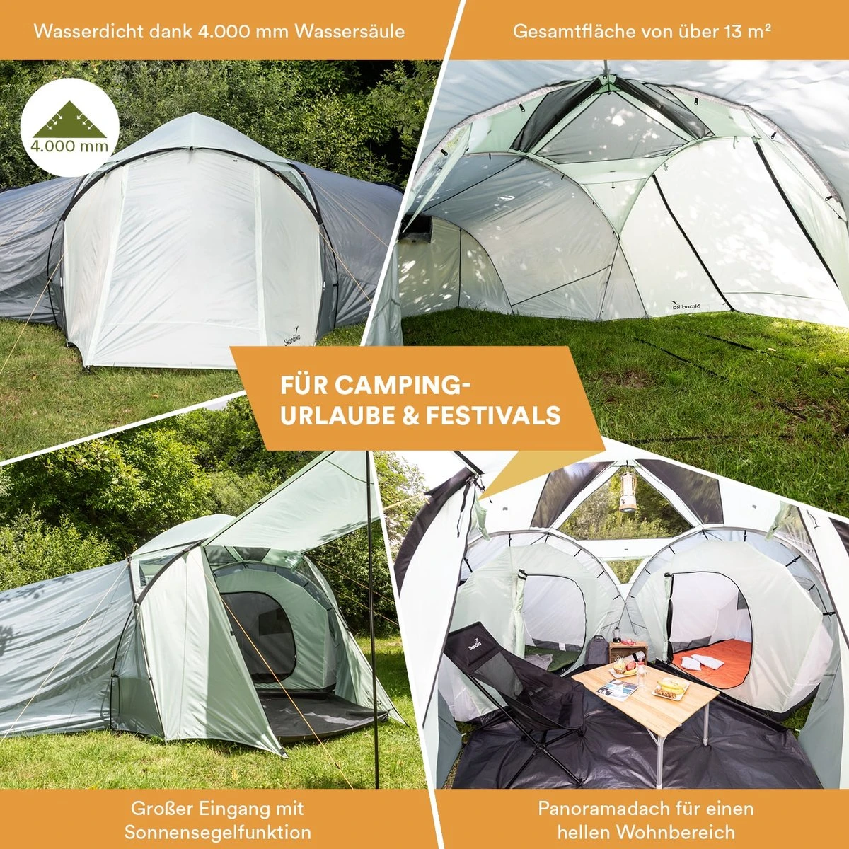 Skandika Bern 4 Koepeltent - Koepeltent - Tenten - 4 Persoons Kampeertent Met Panoramisch Dakraam, 2 Slaapcabines, Grondzeil, 210 Cm Stahoogte, Waterdicht, 4000 Mm Waterkolom - Grote Outdoor Familie Tent, Kampeertent - Grijs - Afbeelding 3