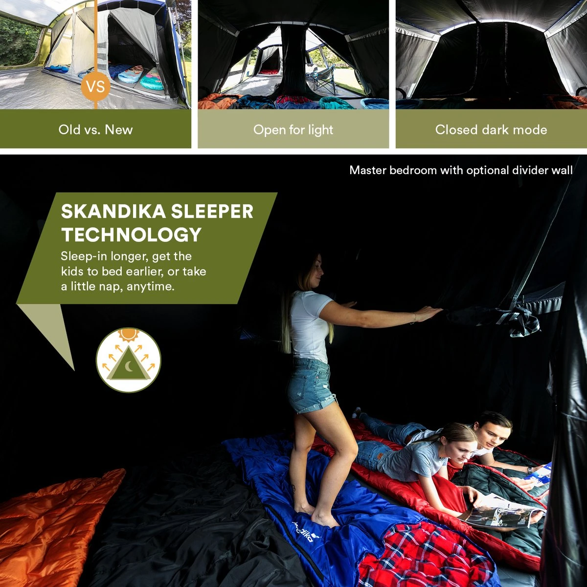 Skandika Montana 8 Sleeper Tent – Tunneltent – 8 Persoons Familietent - Campingtent – Sleeper Technology (2 Tot 4 Extra Donkere Slaapcabines) – Ingenaaide Tentvloer - Muggengaas – 700 X 310 X 200 Cm (LxBxH) – 5000mm Waterkolom – Kamperen – Blauw/wit - Afbeelding 4