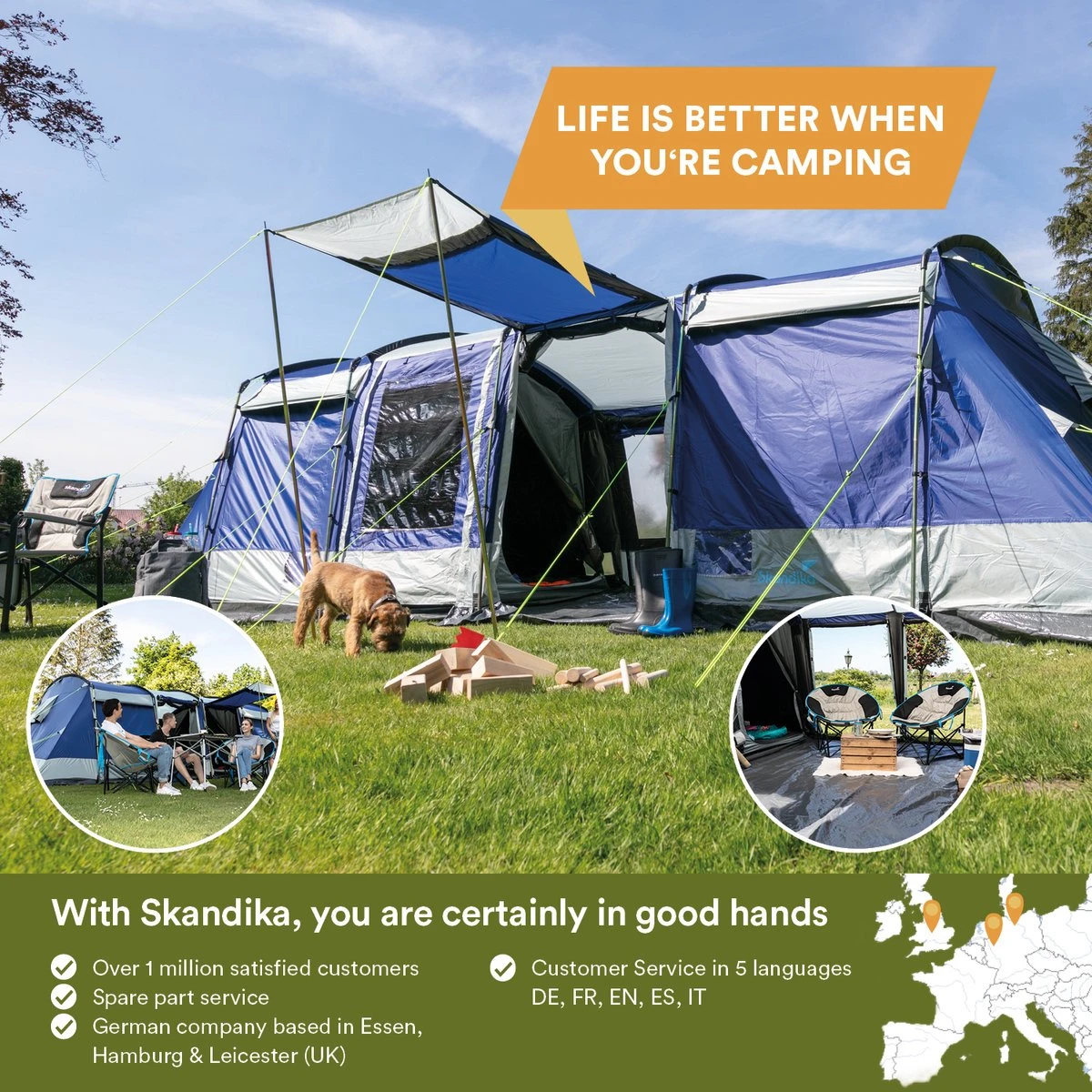 Skandika Montana 8 Sleeper Tent – Tunneltent – 8 Persoons Familietent - Campingtent – Sleeper Technology (2 Tot 4 Extra Donkere Slaapcabines) – Ingenaaide Tentvloer - Muggengaas – 700 X 310 X 200 Cm (LxBxH) – 5000mm Waterkolom – Kamperen – Blauw/wit - Afbeelding 7
