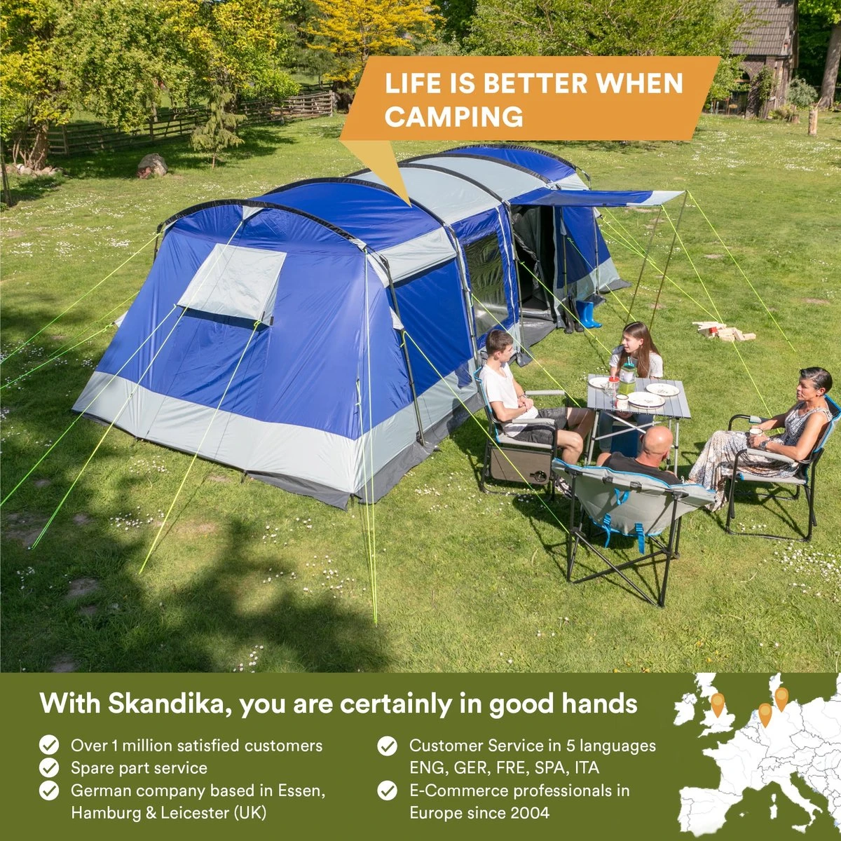 Skandika Montana 8 Tent – Tunneltenten – 8 Persoons Tent – Campingtent – 200 Cm Stahoogte – 2-4 Slaapcabines - Muggengaas – Familietent – 4 Ingangen – 700 X 310 X 200 Cm (L X B X H) - 5000 Mm Waterkolom – Outdoor, Camping – Kamperen – Blauw - Afbeelding 4