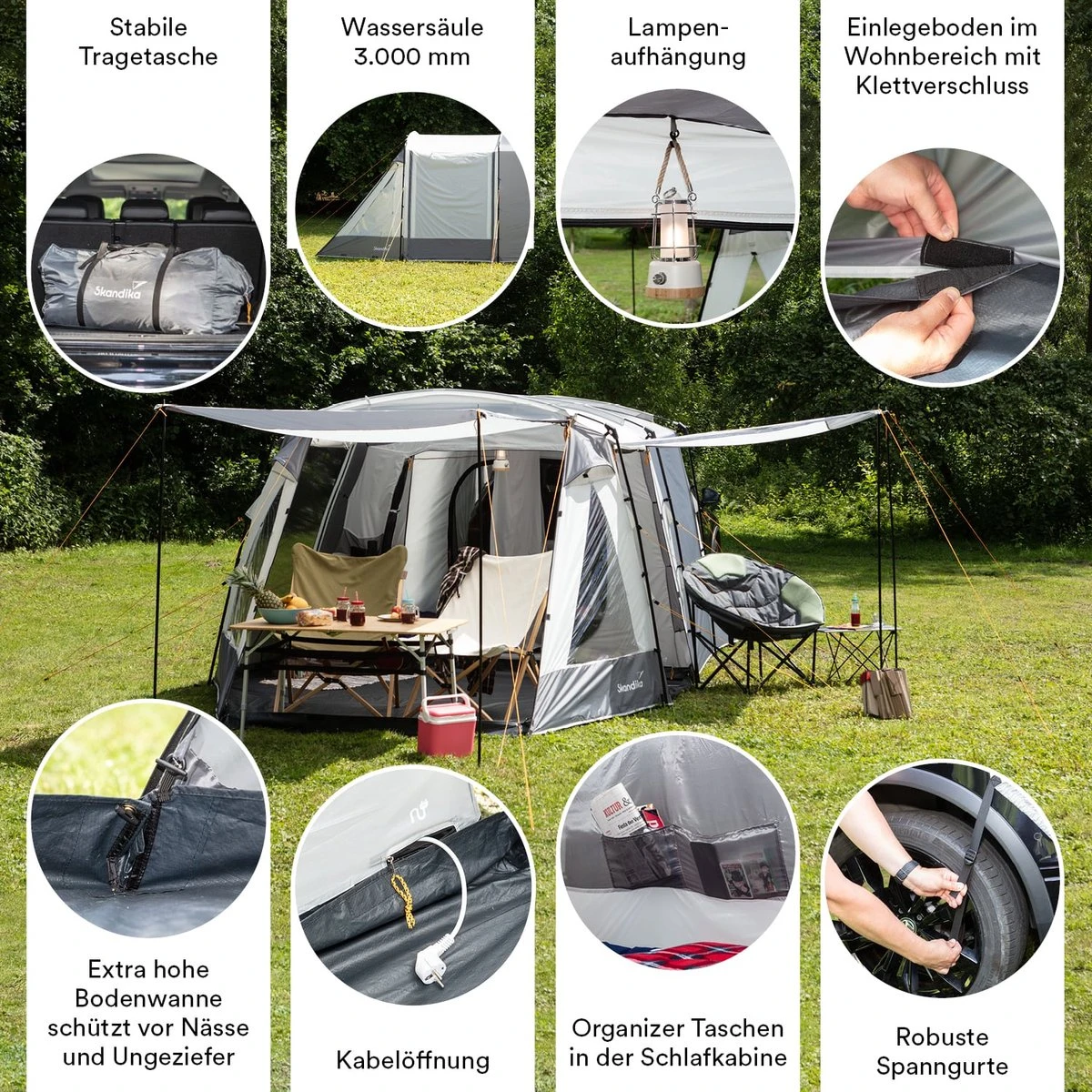 Skandika Pitea XL UP Tent – Koepeltenten - Autotent – 4 Persoons Campingtent Voor SUV, Caddy, Auto, CUV – Vrijstaand – Met/zonder Slaapcabine – Max. Stahoogte 200 Cm – Waterdicht Met 3000mm Waterkolom - 515 X 300 X 200 Cm (LxBxH) – Kamperen - Grijs - Afbeelding 2