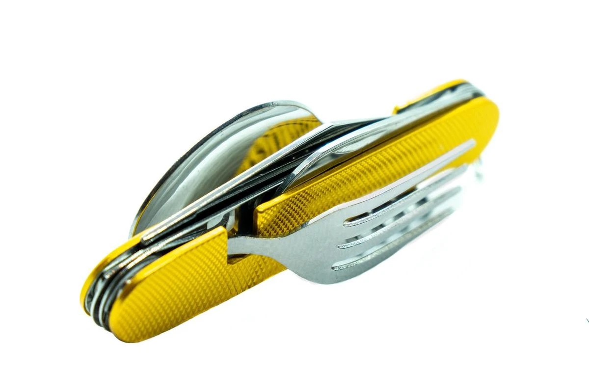 Camping Bestek Zakmes | Roestvrijstaal Survival Bestek | Mes, Vork, Lepel, Krukentrekker, Bieropener, Spork | Opvouwbaar Kampeer Bestek Multitool | Cadeau Voor Man & Vrouw - Afbeelding 2