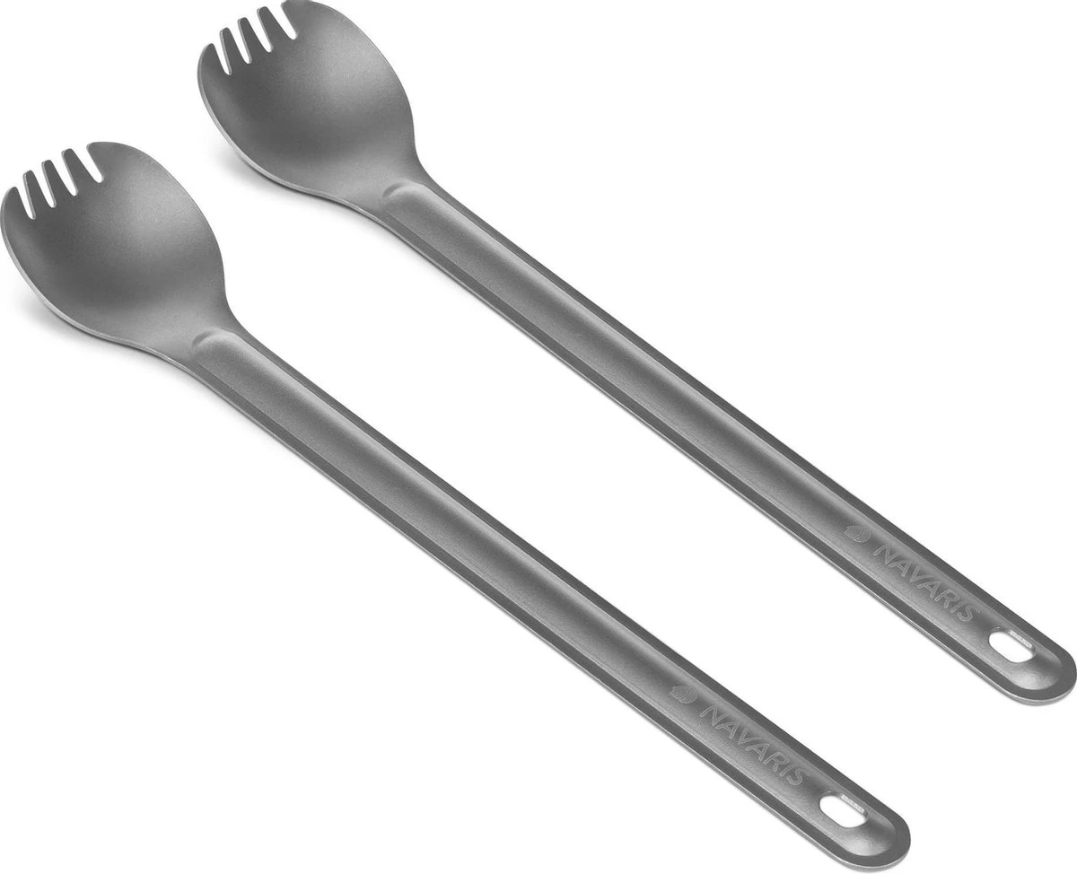 Navaris 2x Spork Met Extra Lange Handgreep - Set Van 2 - Campingbestek Van Titanium - Bestek Voor Onderweg - Lichtgewicht - Inclusief Bewaarzakje - Afbeelding 5