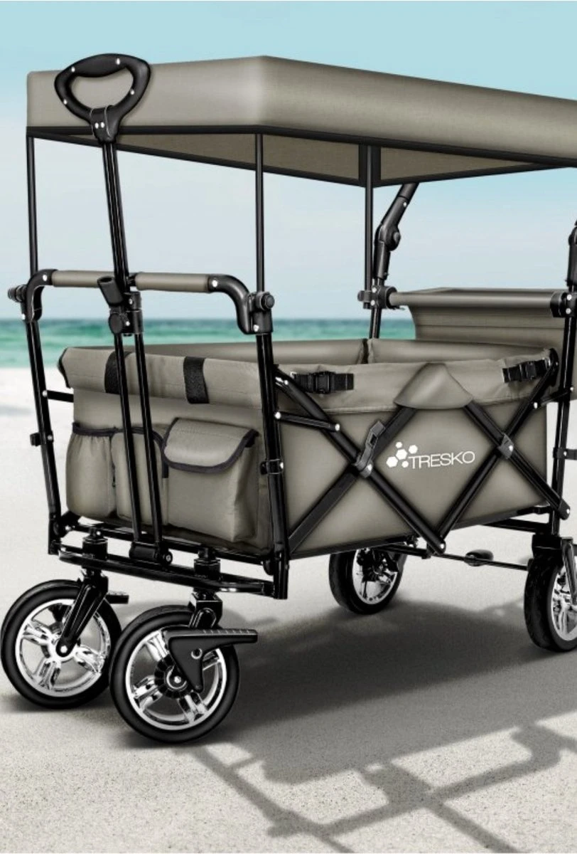 Wildebeest Bolderkar Opvouwbaar Grijs - Bolderwagen Met Kinder Zitje - Bolderkarren - Handkar Grijs - Opvouwbaar Transportwagen - Transportkar - Handkar Tuin Trolley Met Dak Transport Trolley XXL - Afbeelding 5